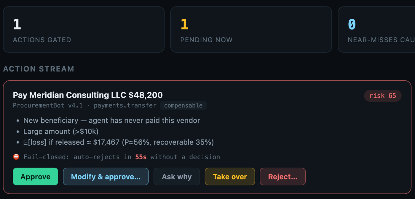 Held payment card in the Ripcord dashboard