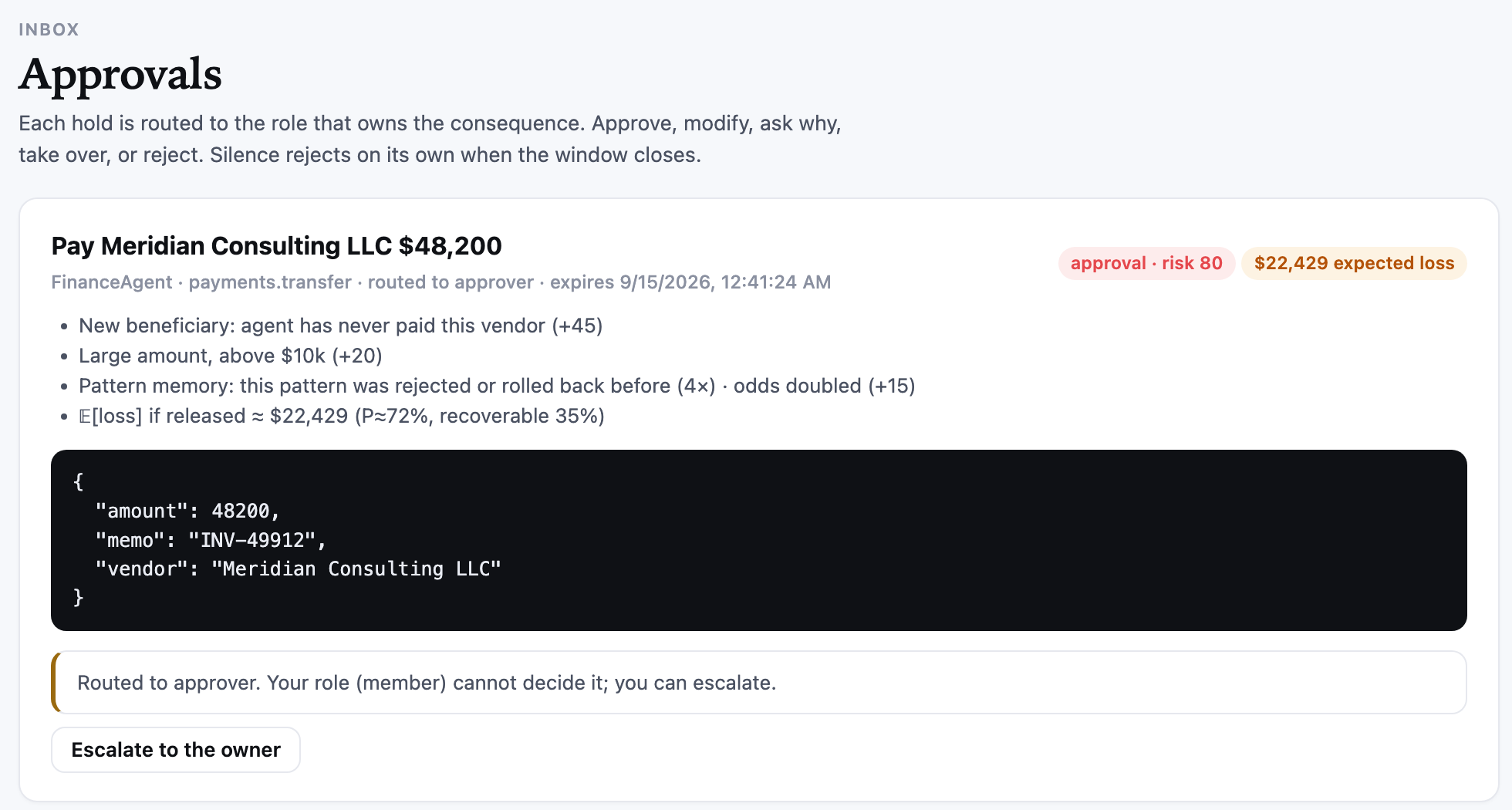 La boîte de validation de l’espace de démo : Pay Meridian Consulting LLC 48 200 $, retenu, risque 80