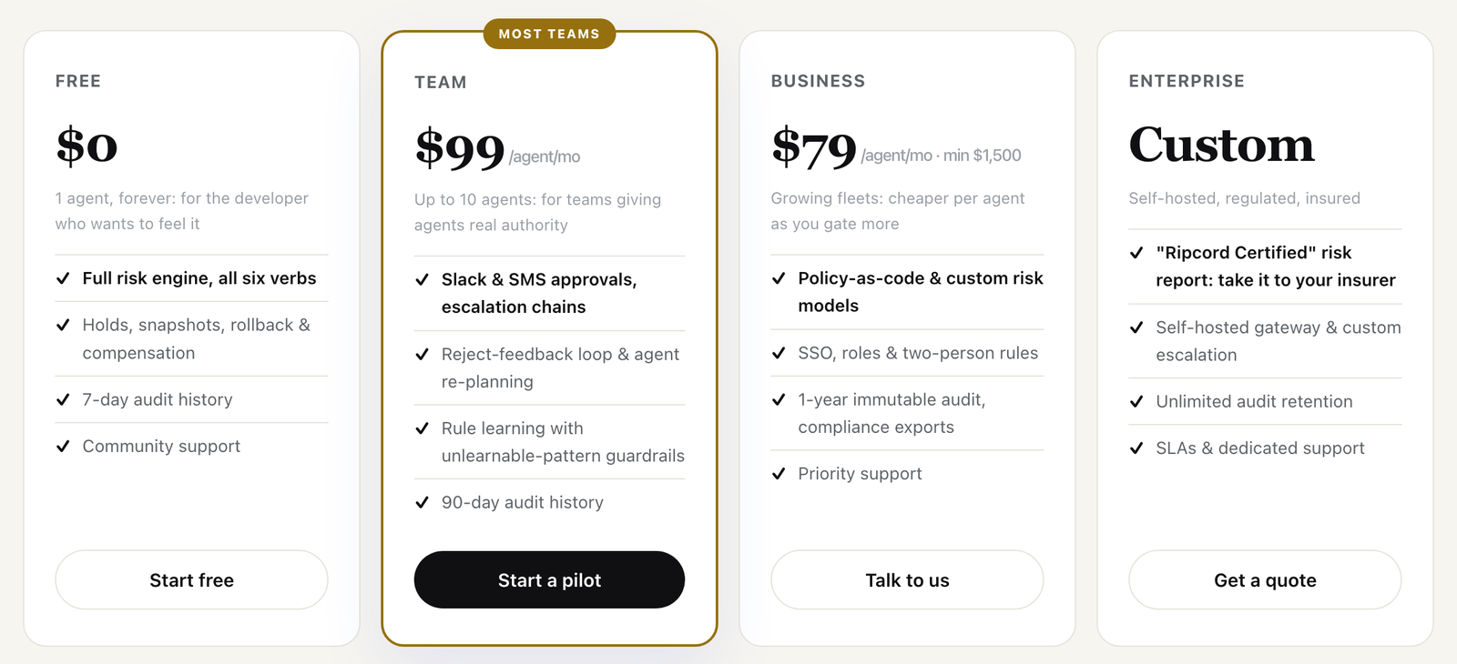 Ripcord pricing tiers: Free, Team $99, Business $79, Enterprise